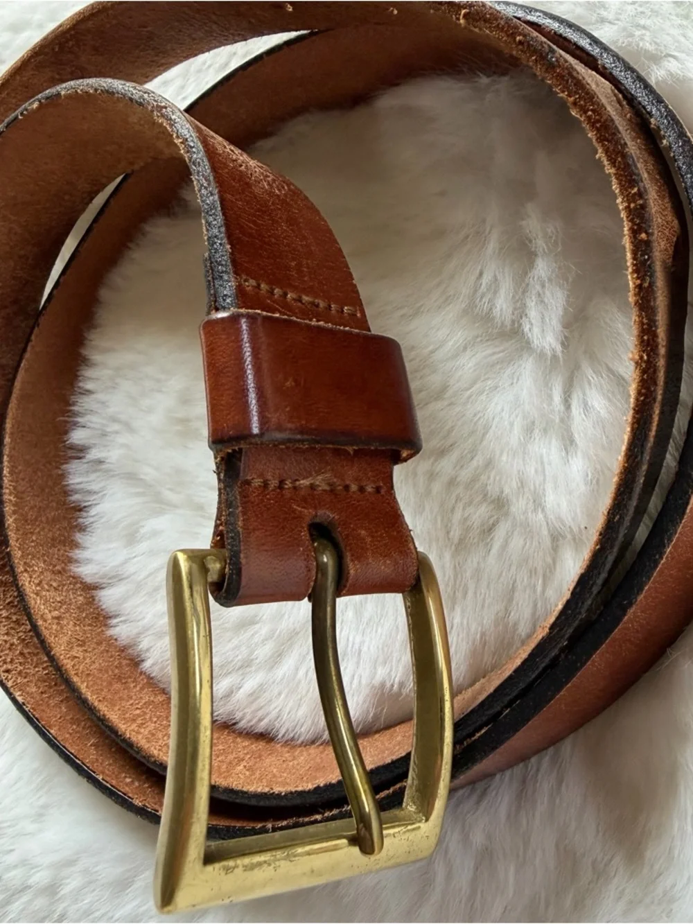 Brown Leather Belt Women Size 38 Brass Buckle Vintage Unisex